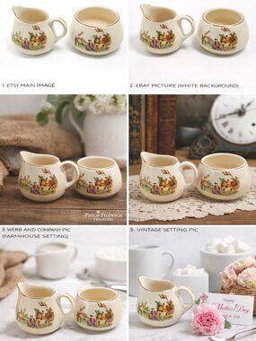 CS-09-Vintage Lancaster England Creamer Sugar Set Cottage Scene Gold Trim